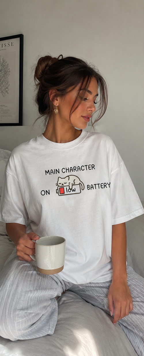 T-Shirt — "Main Character On Low Battery" Cute Low Energy Graphic Tee