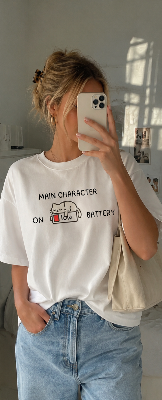 T-Shirt — "Main Character On Low Battery" Cute Low Energy Graphic Tee